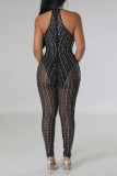 Brown Sexy Patchwork Hot Drilling Hollowed Out See-through Backless Half A Turtleneck Skinny Jumpsuits