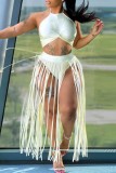 White Sexy Solid Tassel Patchwork Backless Halter Sleeveless Two Pieces