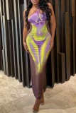 Brown Sexy Print Backless Oblique Collar Long Dress Dresses