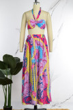 Rose Red Sexy Casual Print Backless Strapless Sleeveless Two Pieces
