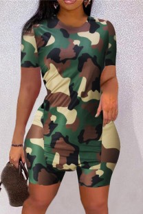 Camouflage Casual Print Slit O Neck Short Sleeve Two Pieces