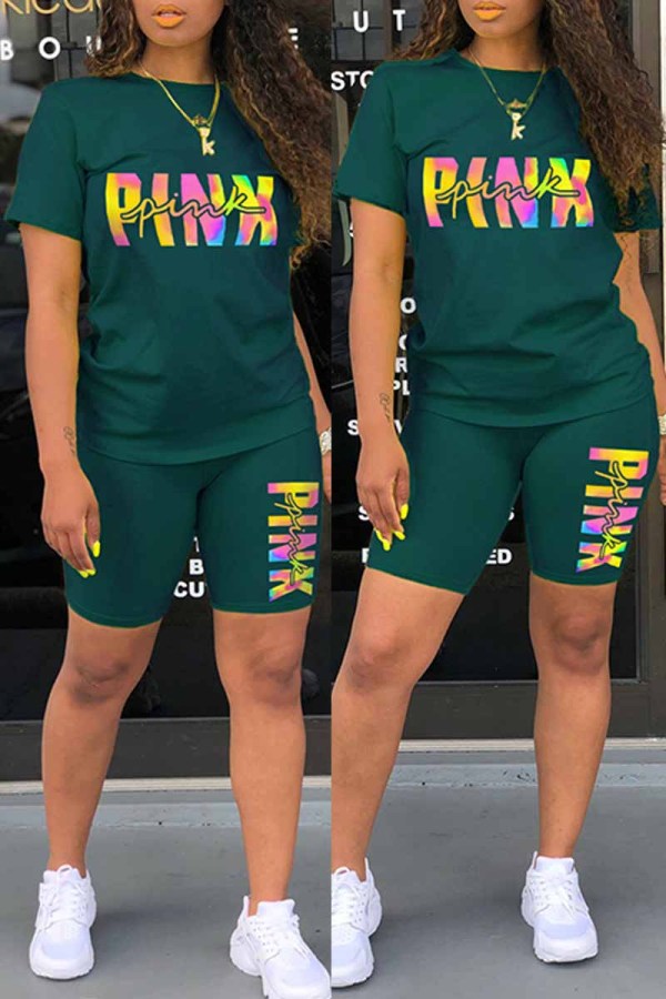 Ink Green Casual Print Letter O Neck Short Sleeve Two Pieces