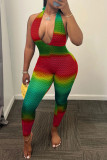 Red Sexy Casual Street Celebrities Color Lump Patchwork Frenulum Halter Skinny Jumpsuits