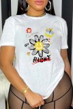 White Casual Print Basic O Neck T-Shirts