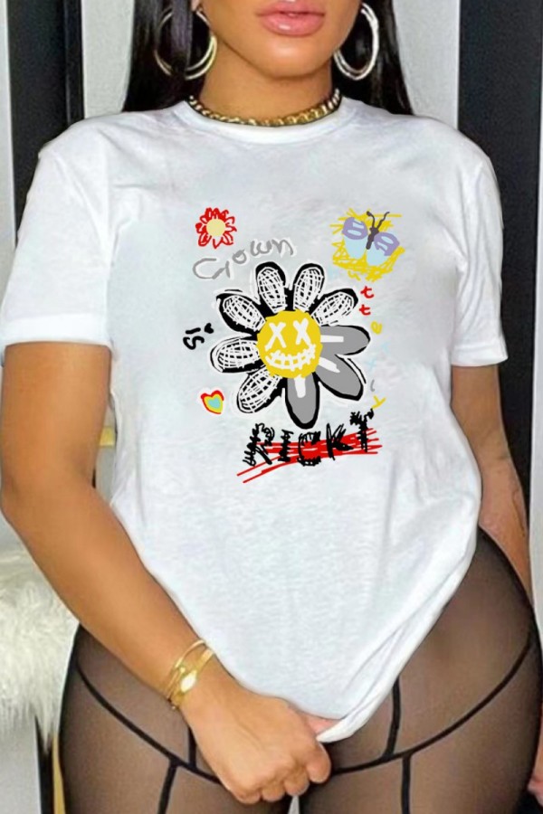 White Casual Print Basic O Neck T-Shirts
