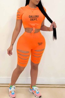 Orange Casual Print Ripped Letter O Neck Short Sleeve Two Pieces