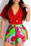 Red Casual Work Street Elegant Print Patchwork Buttons Turn-back Collar Short Sleeve Two Pieces