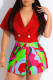 Red Casual Work Street Elegant Print Patchwork Buttons Turn-back Collar Short Sleeve Two Pieces