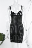 Black Sexy Patchwork Hot Drilling Backless Spaghetti Strap Wrapped Skirt Dresses