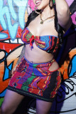 Red Street Print Hollowed Out Patchwork Strapless Sleeveless Two Pieces