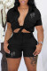 Black Casual Print Patchwork Turndown Collar Short Sleeve Two Pieces