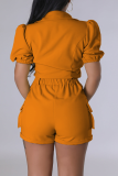 Red Sexy Solid Patchwork Turndown Collar Short Sleeve Two Pieces