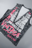 Black Sexy Street Letter Metal Accessories Decoration V Neck Tops