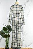 Khaki Casual Work Elegant Plaid Frenulum Printing V Neck Loose Jumpsuits(With Belt)