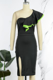 Black Casual Print Patchwork Backless Slit Oblique Collar Pencil Skirt Dresses