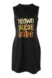 Black Casual Print Basic V Neck Sleeveless Dress Dresses