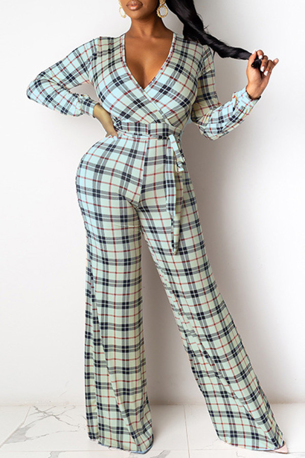 Khaki Casual Work Elegant Plaid Frenulum Printing V Neck Loose Jumpsuits(With Belt)