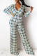 Khaki Casual Work Elegant Plaid Frenulum Printing V Neck Loose Jumpsuits(With Belt)