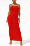 Tangerine Red Sexy Solid Fold Strapless Pencil Skirt Dresses