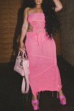 Pink Sexy Solid Backless Slit Strapless Sleeveless Two Pieces