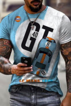 Blue Casual Print Patchwork O Neck Tops