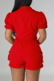 Red Sexy Solid Patchwork Turndown Collar Short Sleeve Two Pieces