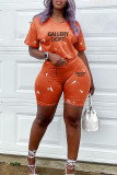 Orange Red Casual Letter Print Basic O Neck Short Sleeve Two Pieces