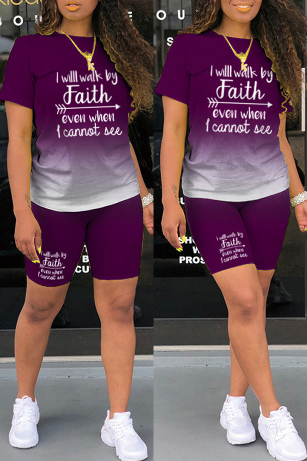 Purple Casual Gradual Change Letter Print Basic O Neck Short Sleeve Two Pieces