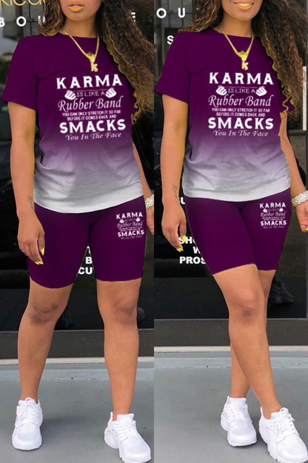 Purple Casual Gradual Change Letter Print Basic O Neck Short Sleeve Two Pieces