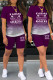 Purple Casual Gradual Change Letter Print Basic O Neck Short Sleeve Two Pieces