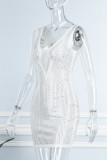 Purple Sexy Patchwork Hot Drilling See-through V Neck Sleeveless Dress Dresses