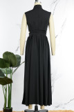 Black Elegant Solid Hollowed Out Patchwork Half A Turtleneck A Line Dresses