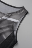 Black Gray Sexy Street Print Patchwork O Neck Sleeveless Two Pieces