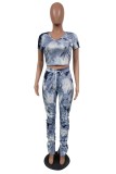 Blue Casual Print Tie-dye O Neck Short Sleeve Two Pieces