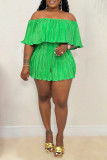 Green Casual Solid Flounce Fold Off the Shoulder Loose Rompers