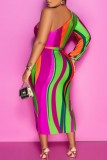 Colour Casual Print Patchwork Oblique Collar Irregular Dress Dresses