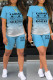 Sky Blue Casual Gradual Change Letter Print Basic O Neck Short Sleeve Two Pieces