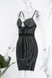 Black Sexy Patchwork Hot Drilling Backless Spaghetti Strap Wrapped Skirt Dresses
