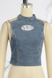 Blue Sexy Casual Street Geometric Backless Strap Design Halter High Waist Tops