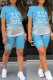 Sky Blue Casual Gradual Change Letter Print Basic O Neck Short Sleeve Two Pieces