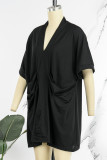 Black Casual Solid Patchwork Fold V Neck Dresses