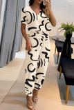 Apricot Casual Print Patchwork V Neck Short Sleeve Two Pieces