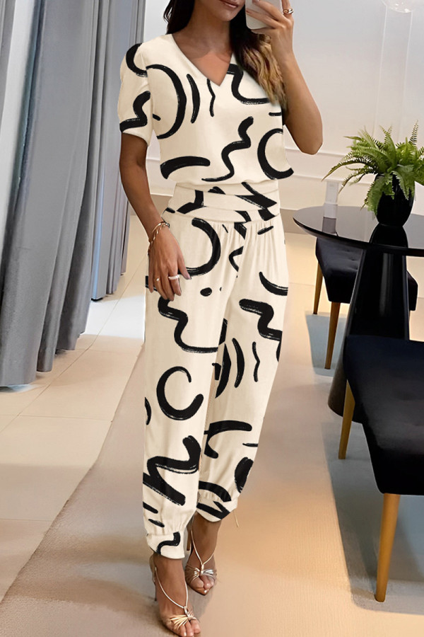 Apricot Casual Print Patchwork V Neck Short Sleeve Two Pieces