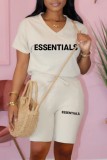 Cream White Casual Letter Print Basic O Neck Short Sleeve Two Pieces