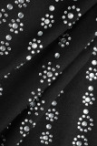 Black Sexy Patchwork Hot Drilling Backless Spaghetti Strap Wrapped Skirt Dresses