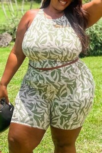 Green Casual Print Basic O Neck Plus Size Two Pieces