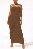Coffee Sexy Solid Fold Strapless Pencil Skirt Dresses