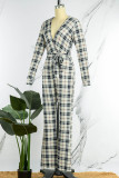 Khaki Casual Work Elegant Plaid Frenulum Printing V Neck Loose Jumpsuits(With Belt)