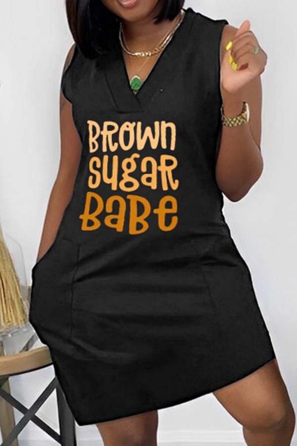 Black Orange Casual Print Basic V Neck Sleeveless Dress Dresses