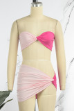 Pink Sexy Solid Patchwork Backless Contrast Strapless Sleeveless Two Pieces
